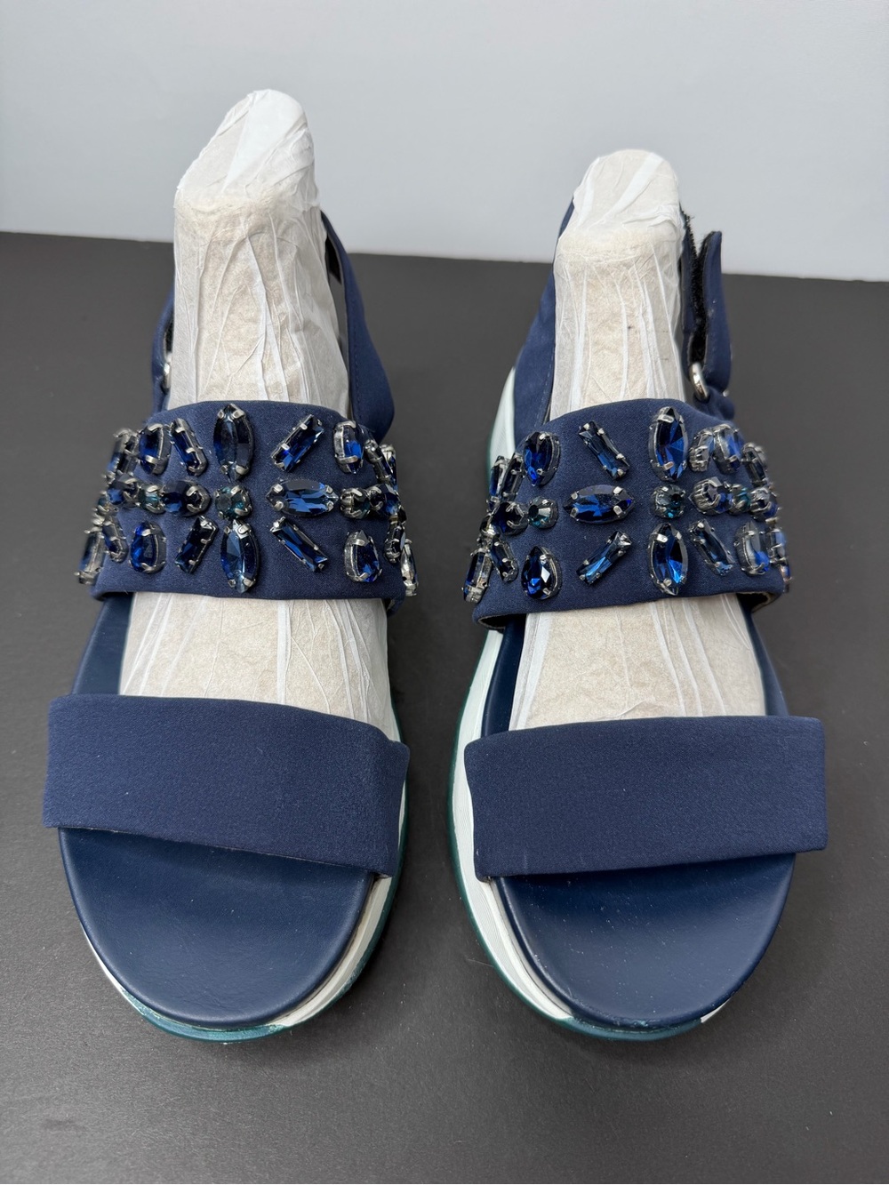 Zara Navy Jeweled Double-Strap Sandals